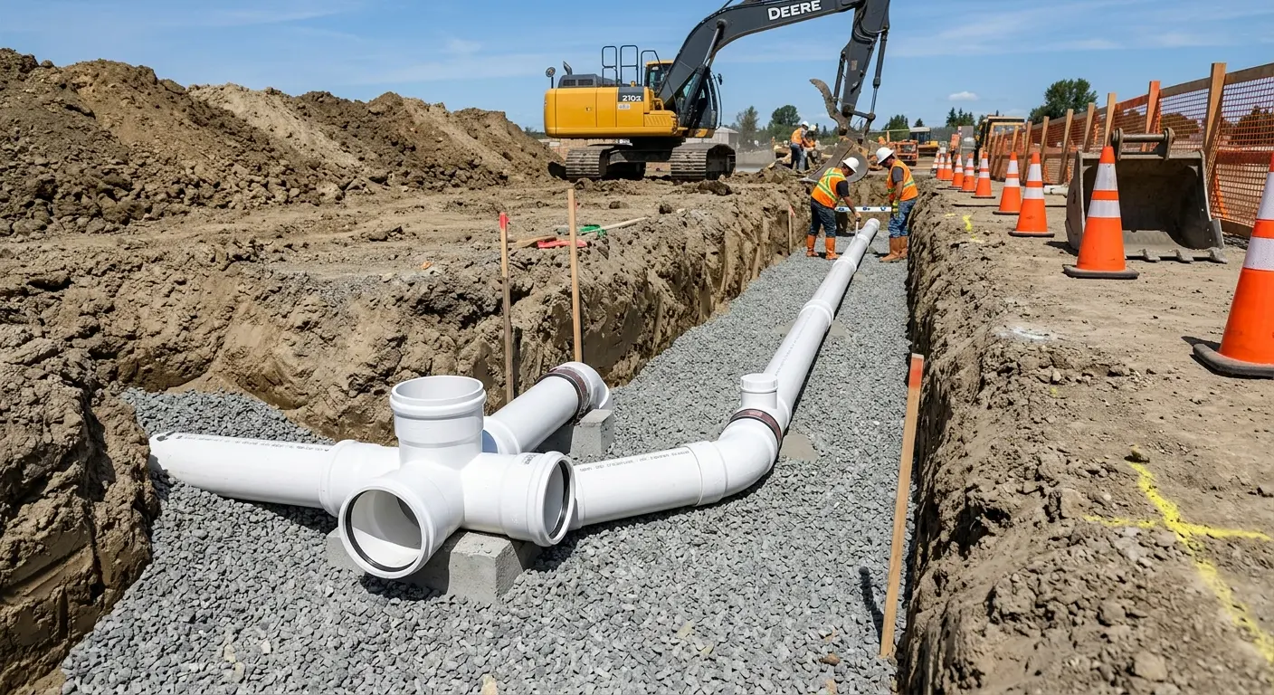 New PVC sewer pipe installation in open trench for Sewer Backup in Biloxi