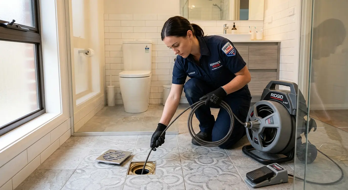 Technician clearing a bathroom floor drain for Drain Cleaning in Biloxi